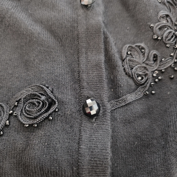 Spense Black Embellished Floral Beaded Cardigan Sweater Size S Button Front Y2K - Picture 3 of 6